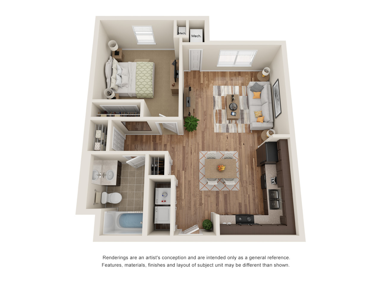 1-bedroom floor plan rendering of a Manor, TX apartment at the Commons at Manor