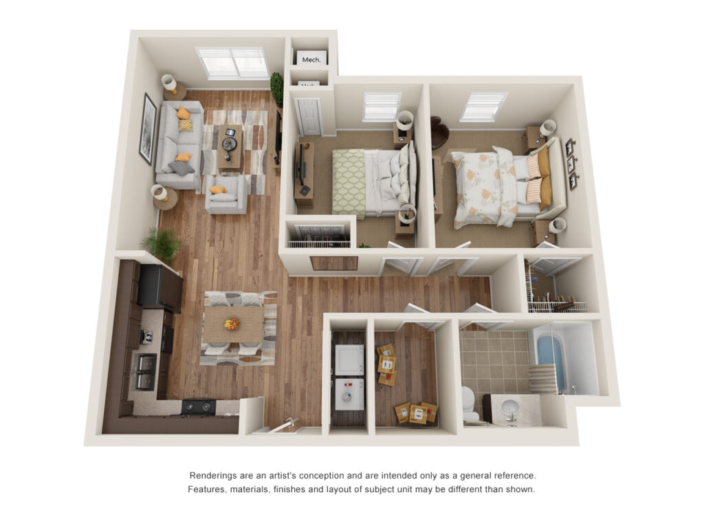 Rendering of a spacious 2-bedroom, 1-bathroom apartment at the Commons at Manor in Manor, TX